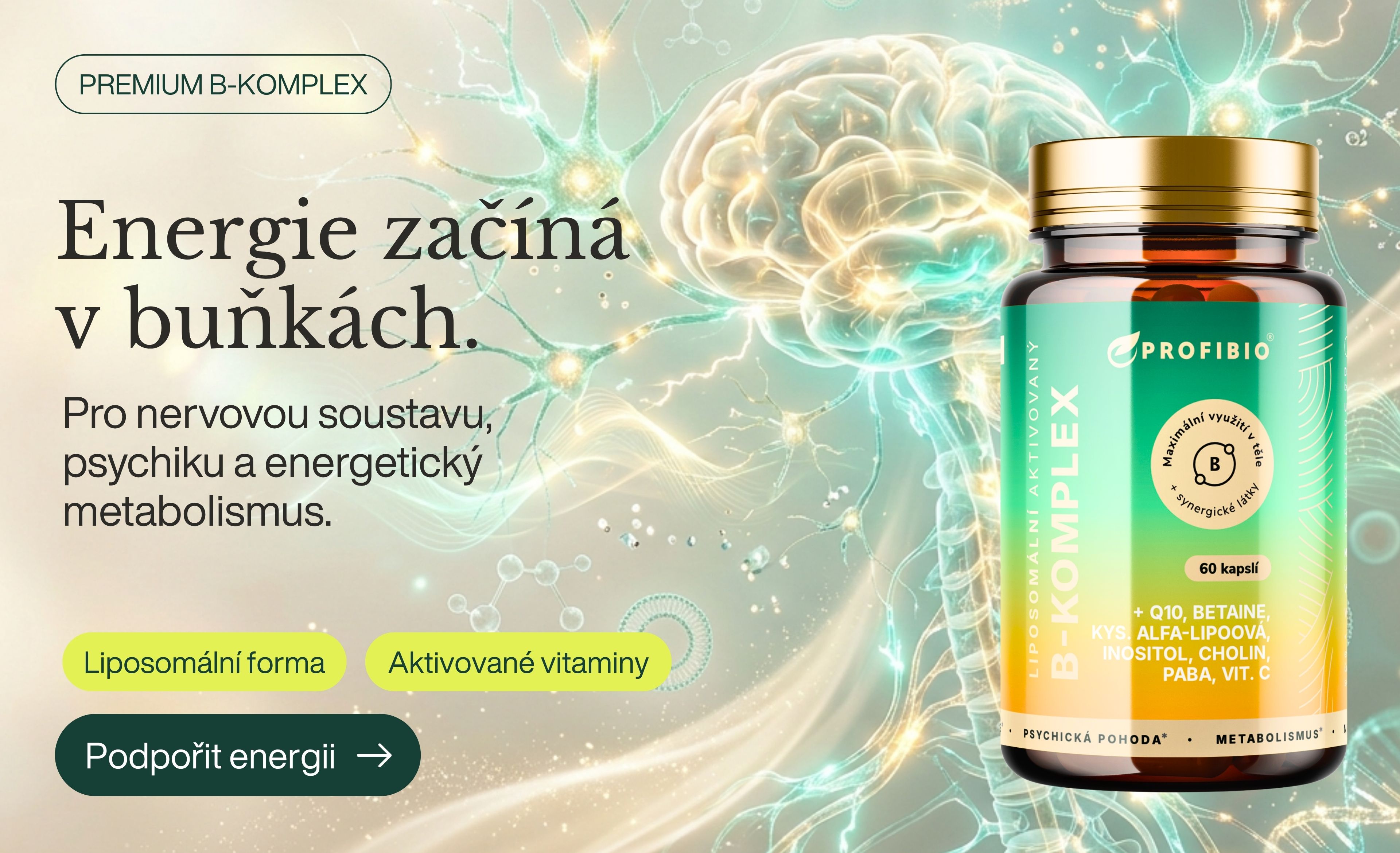 PREMIUM Liposomální aktivovaný B-Komplex + Q10, kys. alfa-lipoová, Inositol, Cholin, Betaine, PABA, Vitamín C, Aktivní formy vitamínů, Vysoce vstřebatelný, 60 kapslí